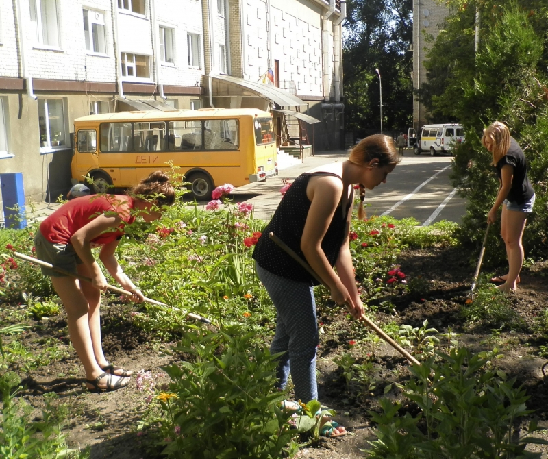 Учащиеся Ставрополя пропалывают цветник в одной из школ города.